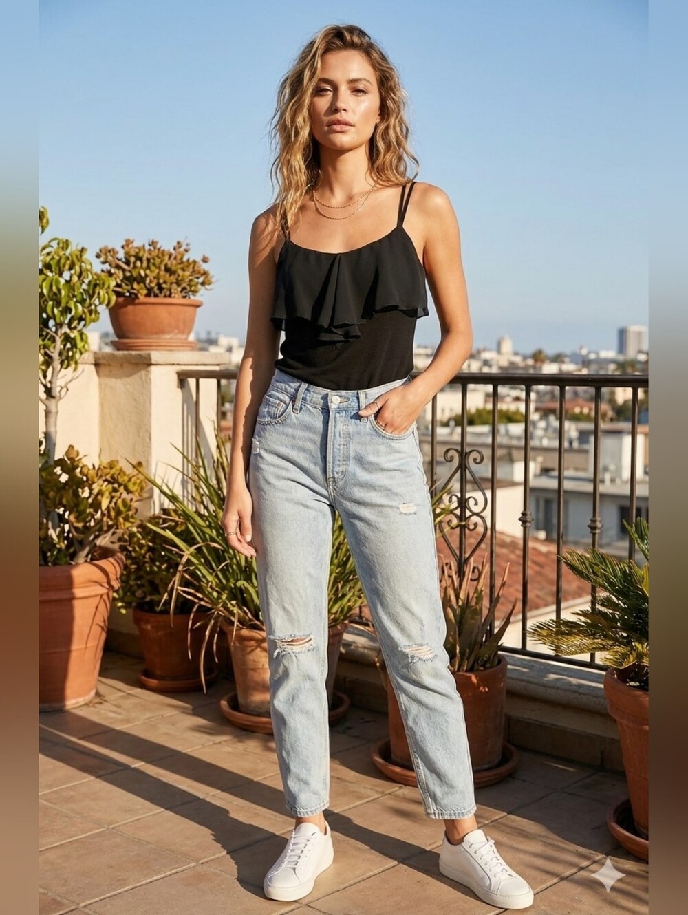 Black Ruffle-Front Camisole with Spaghetti Straps